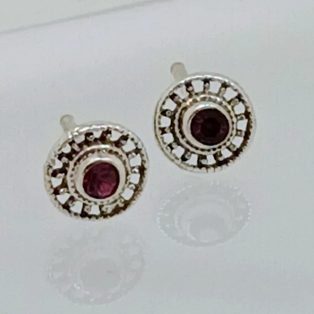 Vintage 925 Sterling Silver Crystal Sunburst‎ Round Stud Earrings Boho Sun Wheel